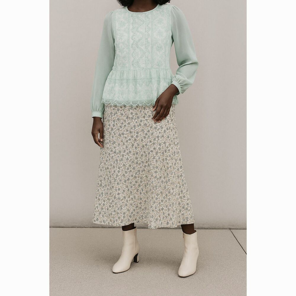Sweet Rain Floral Lace Peplum Blouse Sheer Long Sleeves Soft Green Sz. L Fairy - Picture 2 of 9